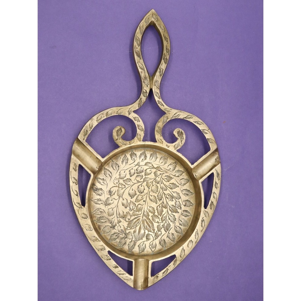 Vintage Brass Ashtray Trivet Spade Shaped with Floral Etching